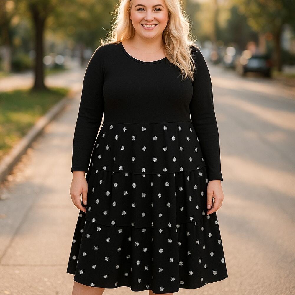 LuLaRoe Womens Dress Sz 2XL Black‎ White Polka Dot Georgia Tiered Scoop Neck